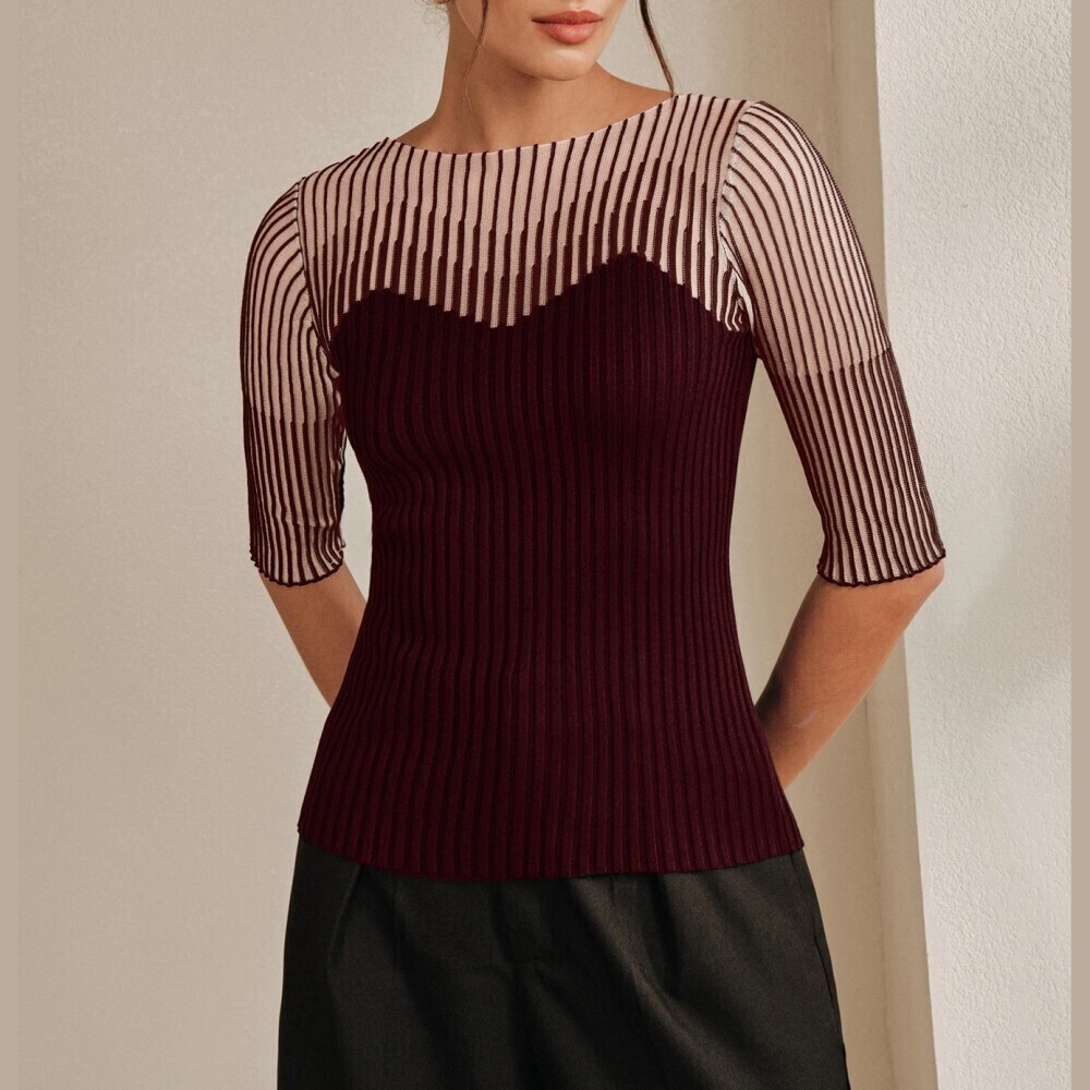Burgundy Ribbed Knit Beige Yoke Half Sleeve Slim Fit Top